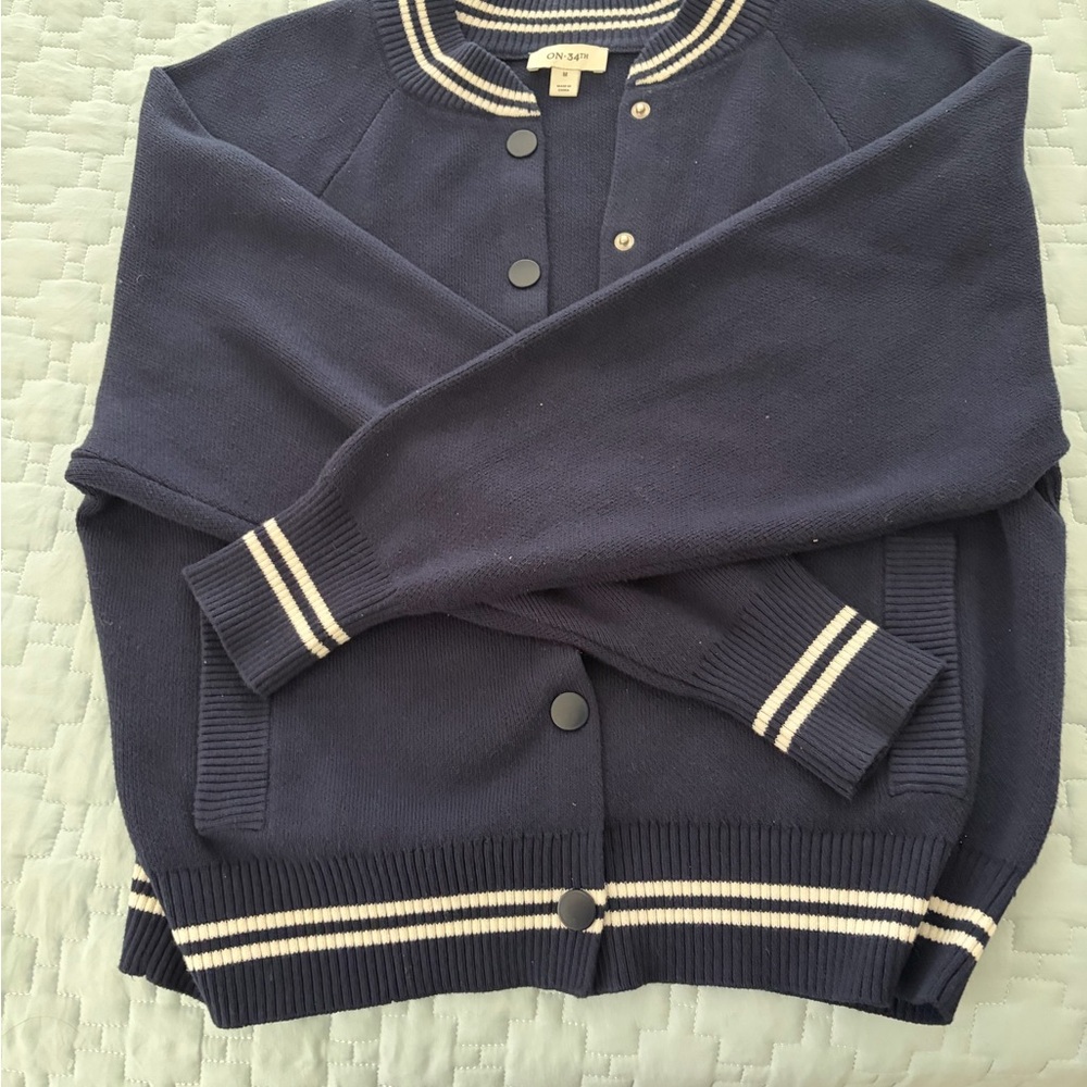 Navy Blue Cardigan with White Stripes On•34th Medium